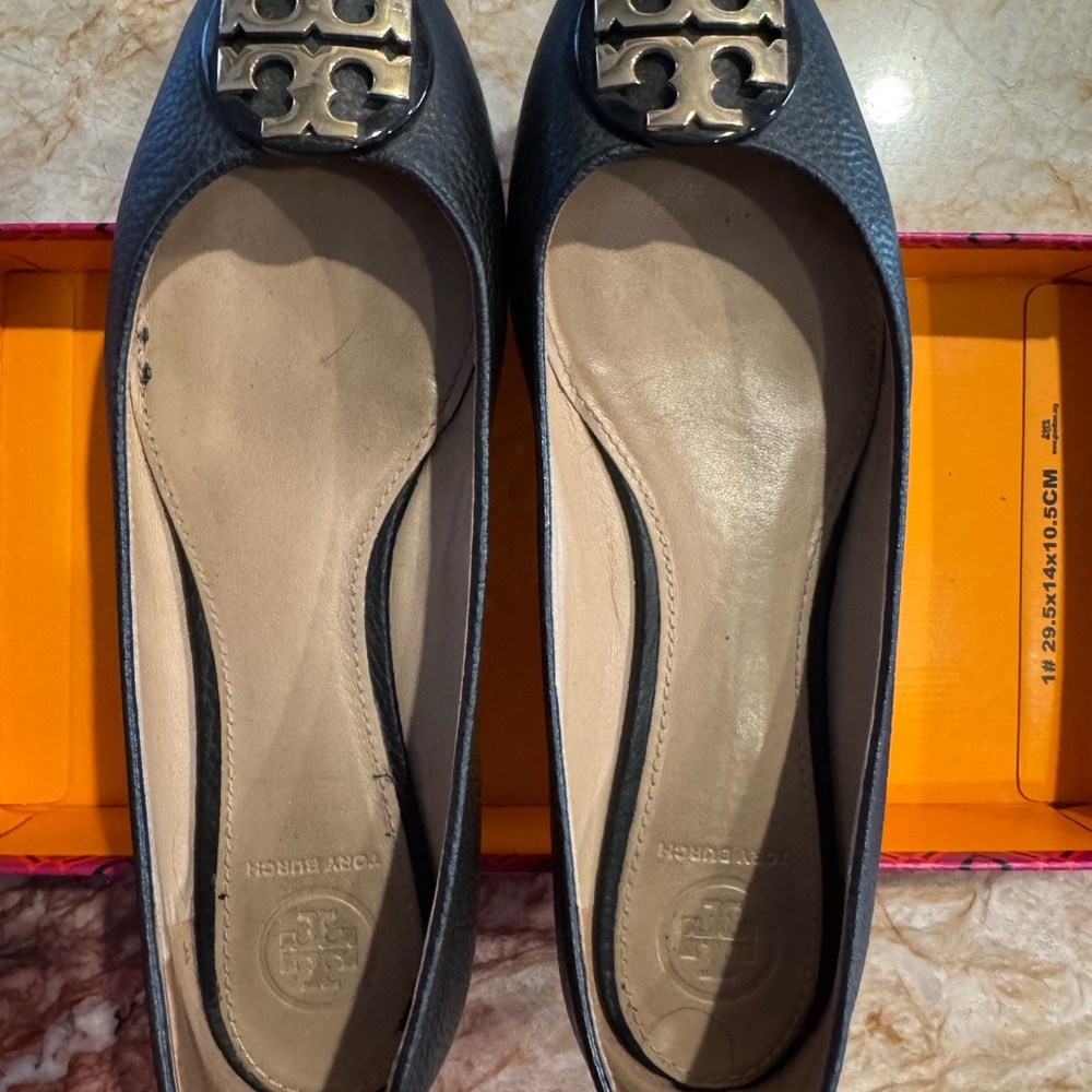 Tory Burch Black Leather Flats with Gold Logo